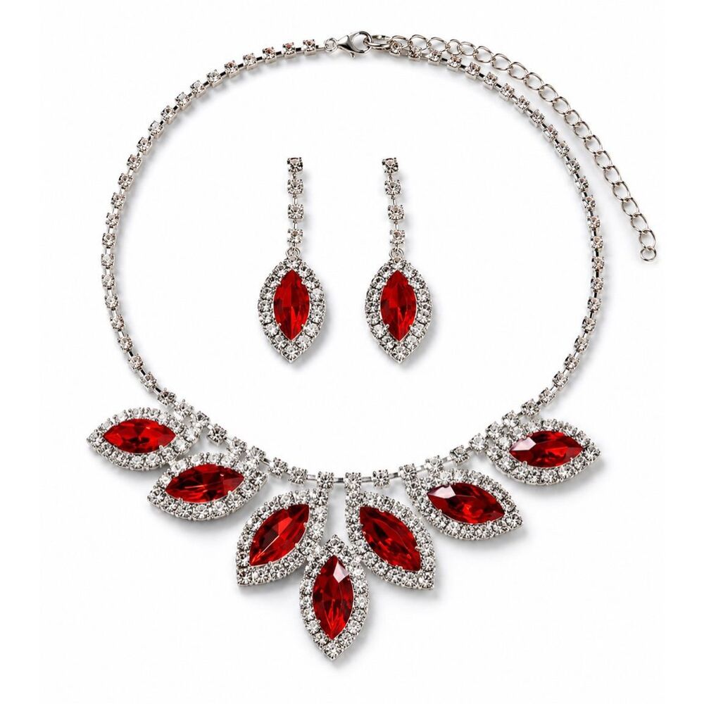 Red Marquise Rhinestone Necklace & Earrings Set Silver Tone Formal Pageant Prom